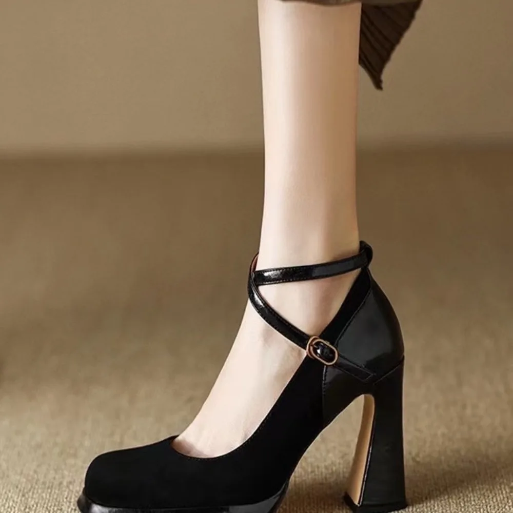 

New Vintage Super High Heels Spuare Toe Chunky Platform Pumps Crossover Strappy Single Shoe Mary Jane Buckle Thick Heeled Shoes