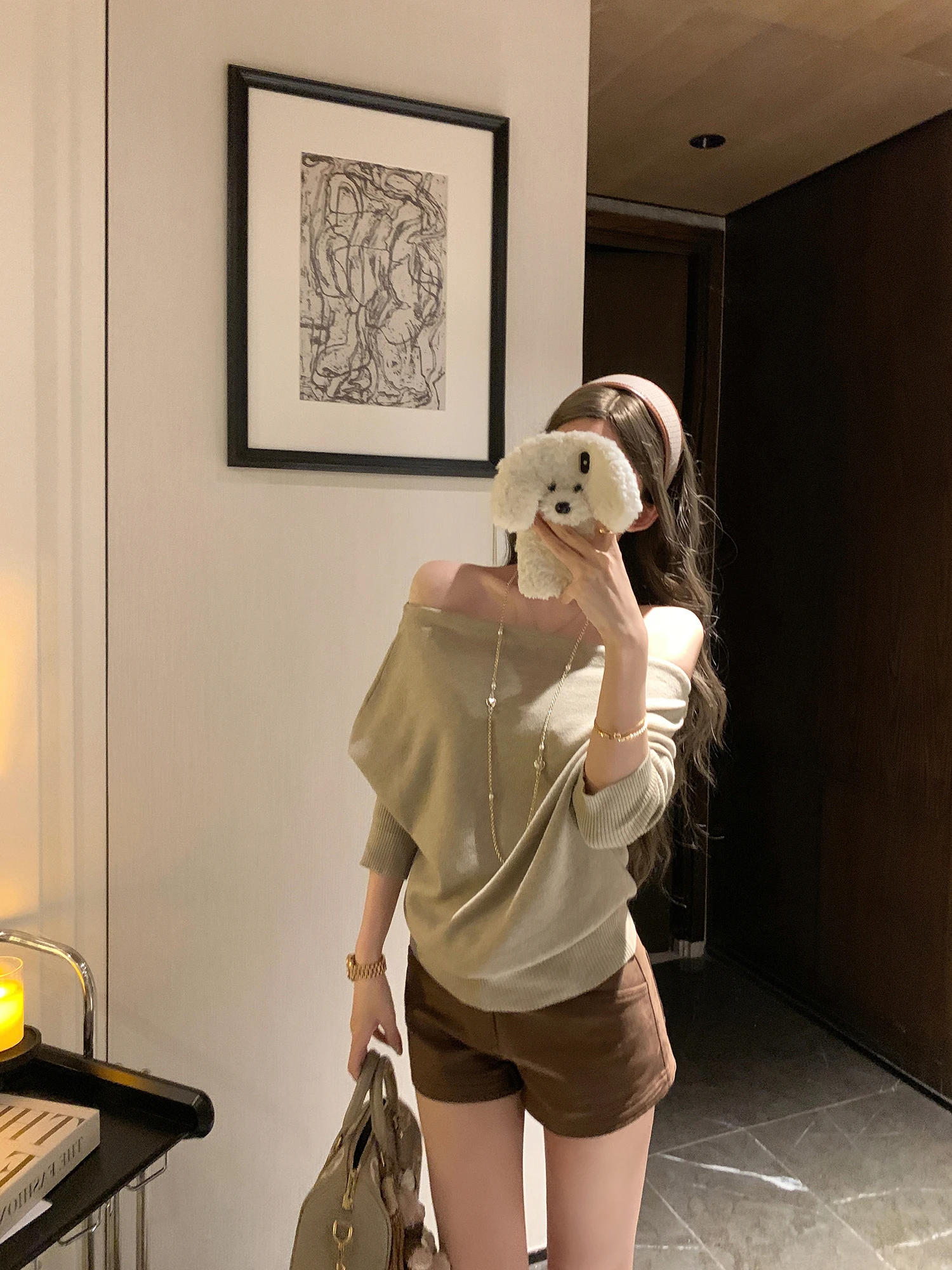 

NAYA CHAN Merino Wool One-oulder Long Sve Knitted Sweater Thin Women's Autumn Casual Loose Fit Faion Polyester Blend