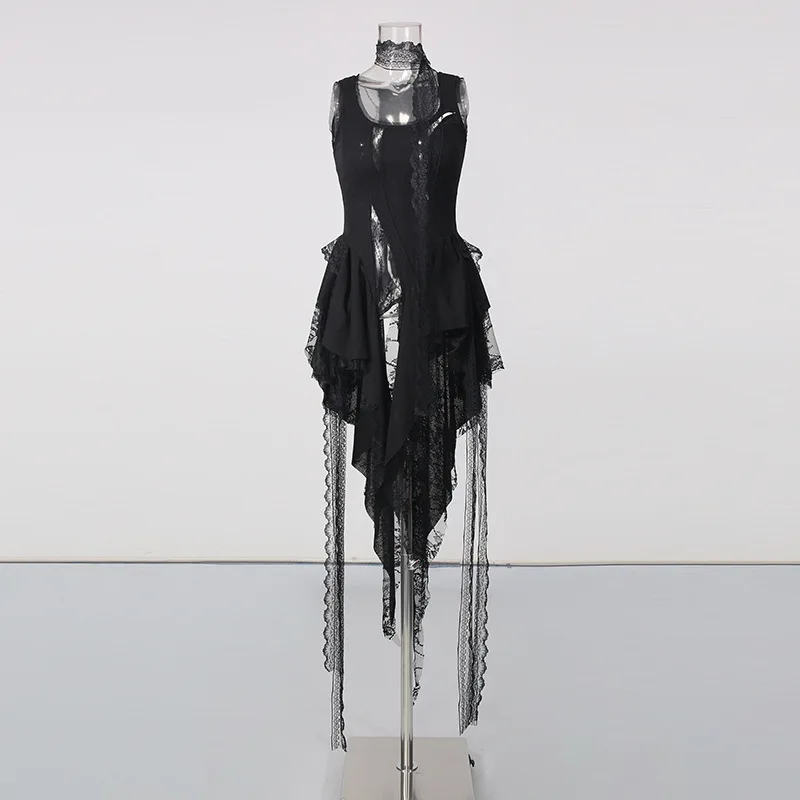 ZAMOR HIGH STREET Women's 2026 New Gothic Dark Style Vest Sleeveless U-Neck Lace Spliced Irregular Ruffle Hem Top