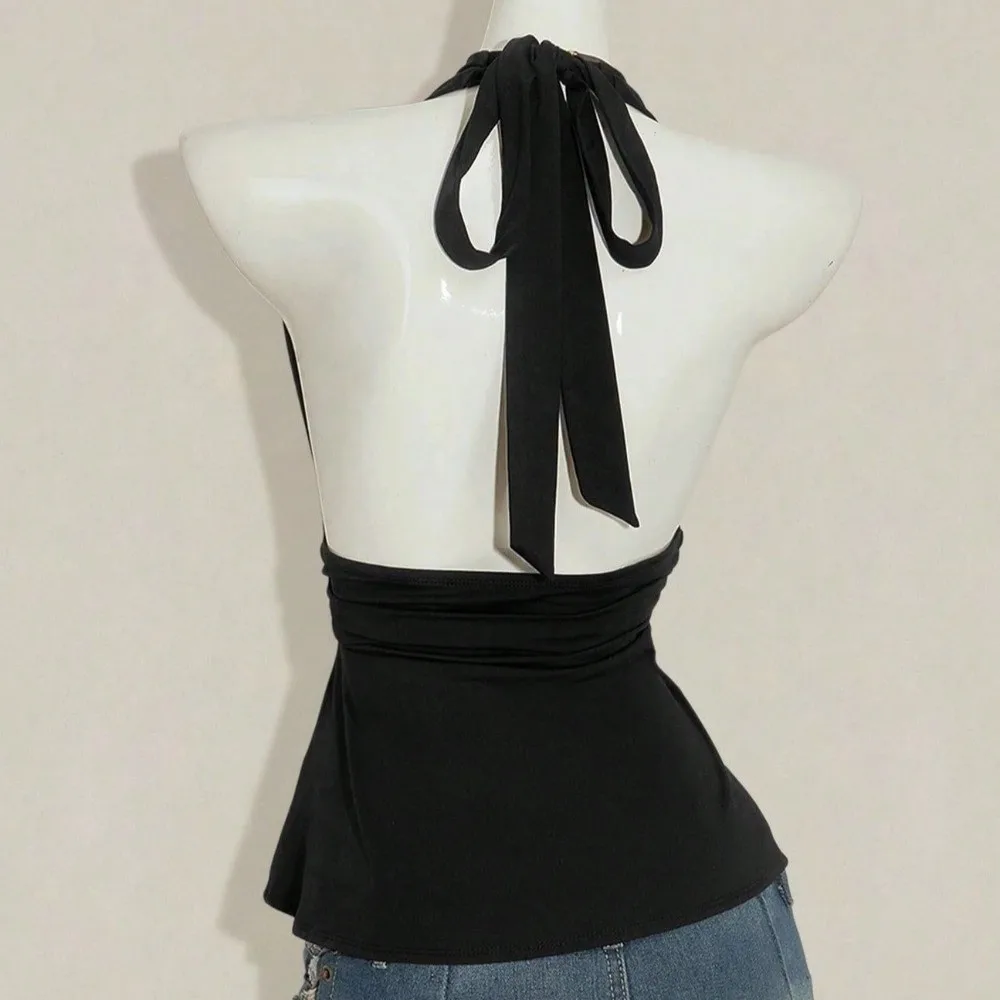 Fashion Sleeveless Women Crop Top Deep V Neck Pleated Halter Ruffle Vest Y2k Beach Wear Hanging Neck Top Girl