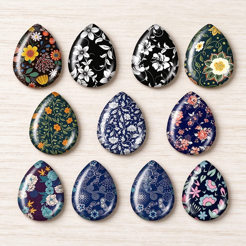 5pairs Fresh Little Flowers Paintings Pattern teardrop shape Photo Glass cabochon flat back For DIY Jewelry base Making Findings