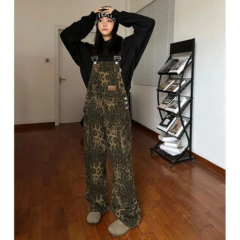 Women's Leopard-print Denim Jumpsuits Retro Streetwear Wide Leg Straight Mop Pants Multi-Pocket Casual Denim Rompers