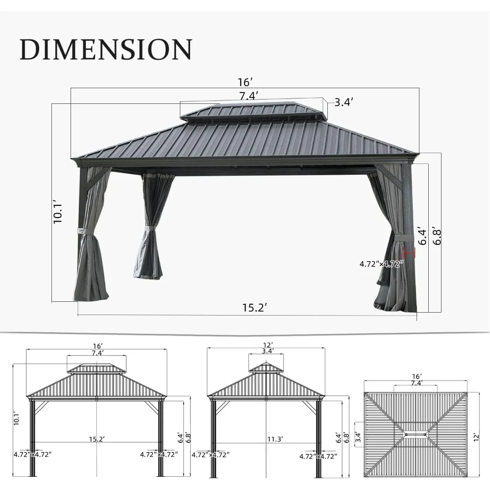 12'x16' Hardtop Gazebo Canopy,Outdoor Aluminum Gazebo with Galvanized Steel Double Roof,Permanent Gazebo with Drainage