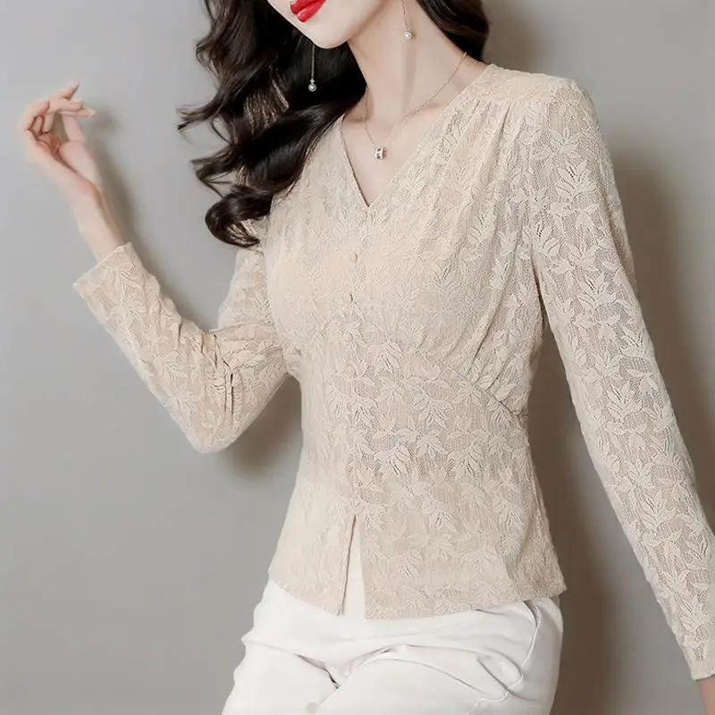 

Women Jacquard Lace Shirts Elegant Long Sleeve V-Neck Slim Blouses Female Basic Tops Blusas Mujer 2025