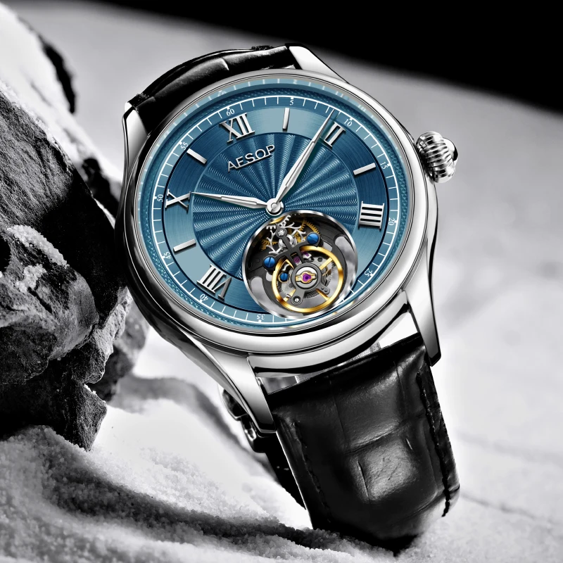 Aesop Synthetic Sapphire Watches Tourbillon Mechanical Roman Number Blue Dial Leather Watch for Men's Gift