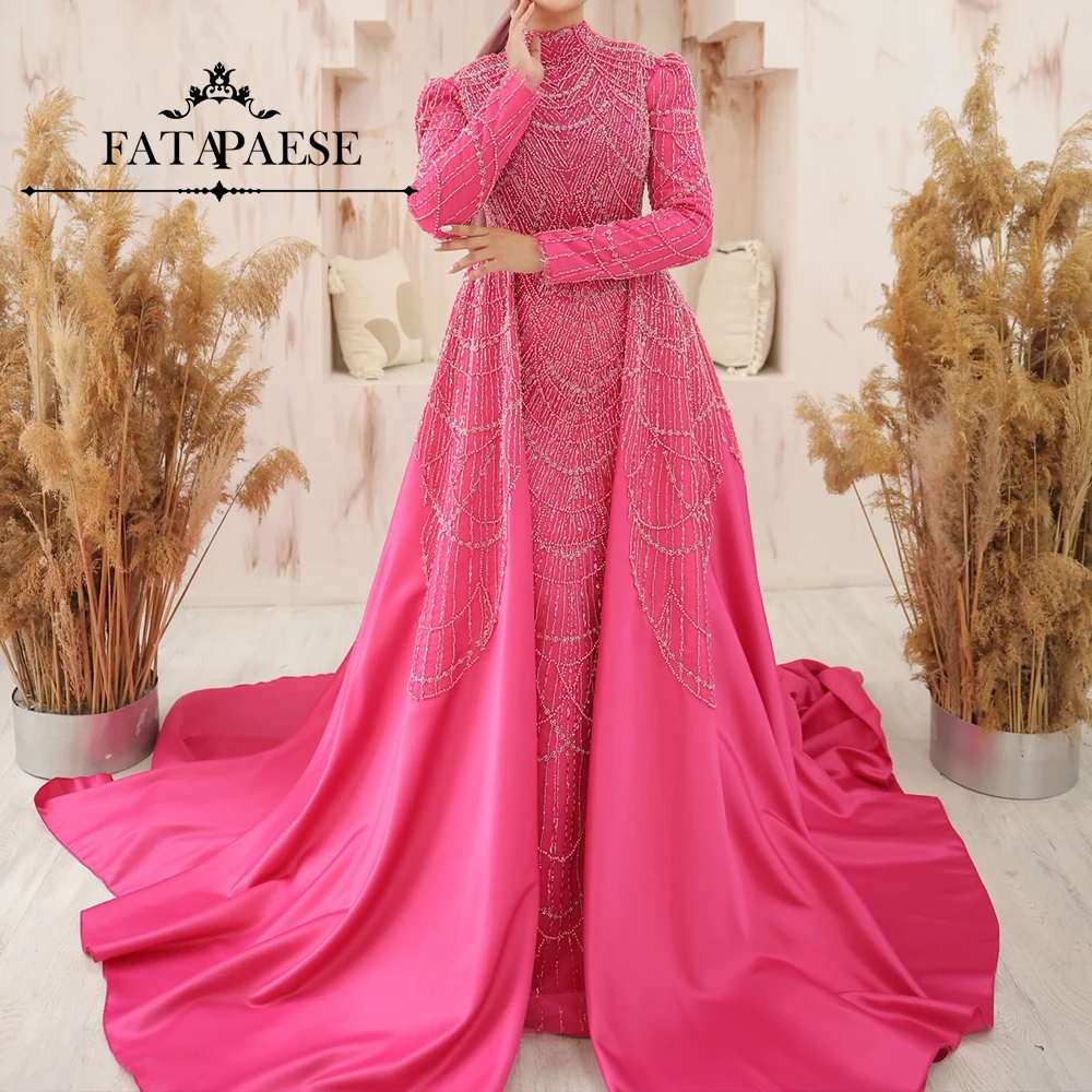 FATAPAESE Muslim Evening Dress High-neck Full Sleeve All Cover Satin Maxi Skirt with Sweep Tail Special Occasion Gown باس_شب_ترک