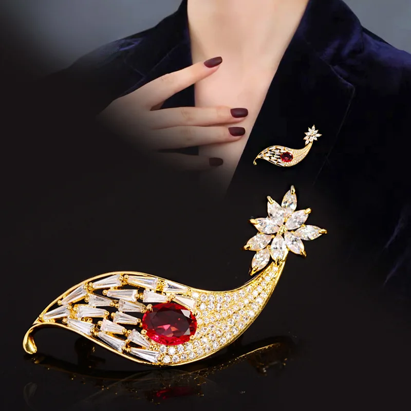 OKILY Exquisite Retro Flower Phoenix Tail Brooch Pin Micro-inlaid Zircon High-end Suit Brooches Accessorie Clothing Pin Ornament