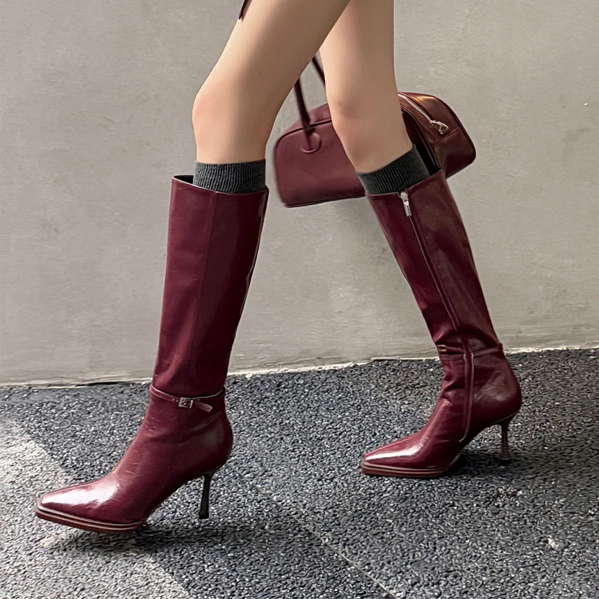 

Arden Furtado Autumn Burgundy cowhide Stilettos heels Skinny boots Pointed toe Side zipper Knee high boots Sexy Women's Boots