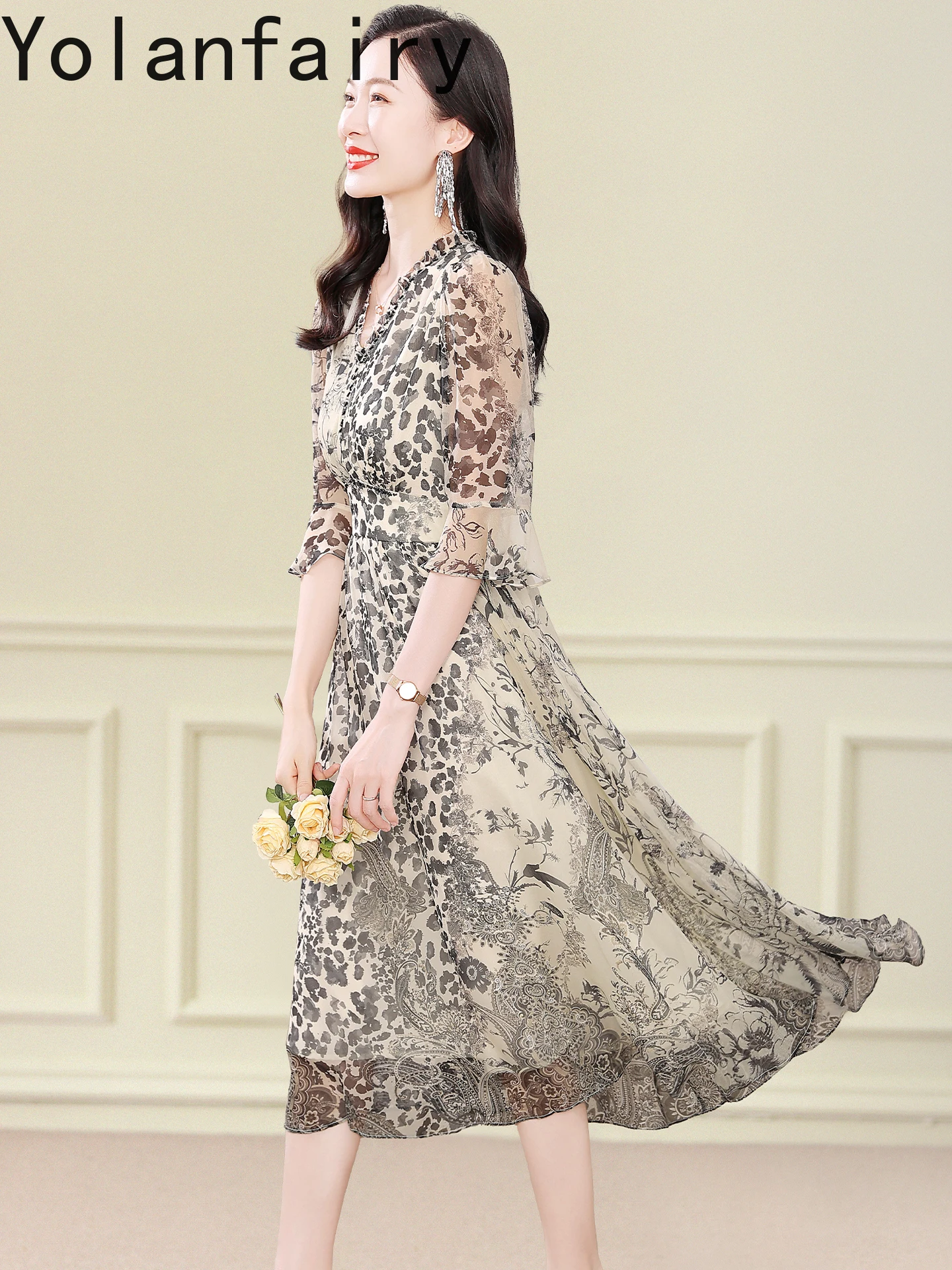 YOLANFAIRY جودة عالية 100% التوت فستان حريري صيف 2025 امرأة الراقية خمر ليوبارد طباعة فساتين الخامس الرقبة فستان التخسيس