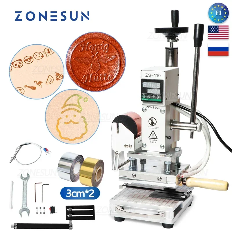 ZONESUN ZS-110 철판 핫 포일 스탬핑 기계, 높이 조절 슬라이드 작업대 가죽 엠보싱 도구