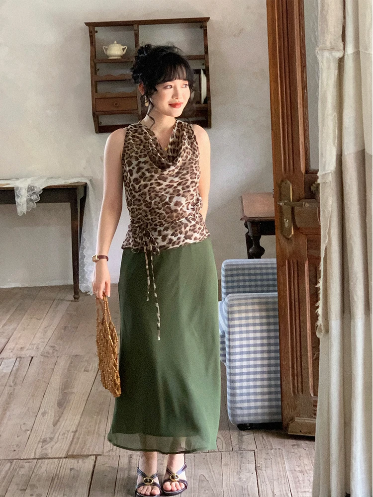 Yuan Ying Vintage Green Chiffon Maxi Skirt Women Summer Thin Straight Cut Half Skirt High Waist Polyester Fiber 45 Degree Angle