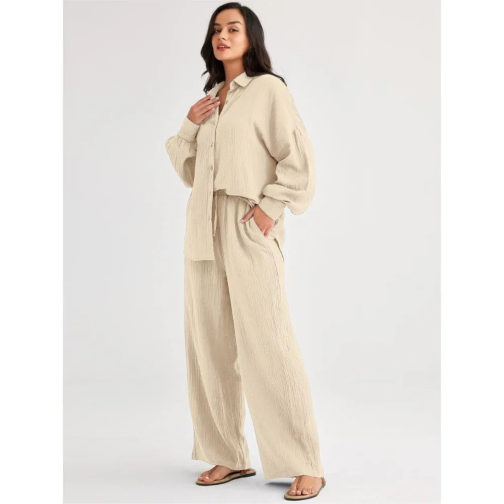 

Loose Women's Trousers Set Solid Color Comfortable Summer Lazy Style Long-sleeved Single-breasted Top Trousers Two-piece Set