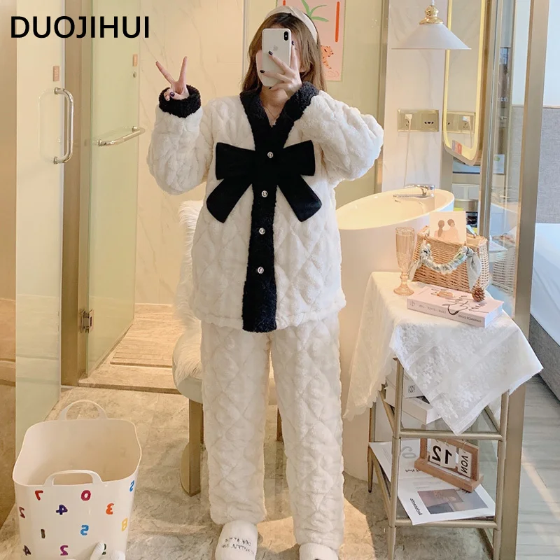 DUOJIHUI Winter Thick Warm Fashion Bow Female Pajamas Set Basic V-neck Cardigan Loose Pant Casual Sweet Pajamas for Women M-XXL