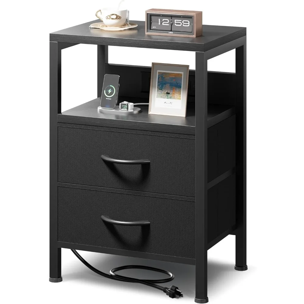 

Modern Bedroom Nightstand with Charging Station, Open Shelf, and Fabric Drawers
