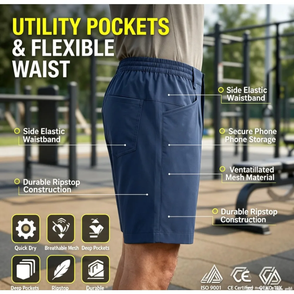 2026men's summer quick-drying breathable multi-pocket running fitness shorts high elastic side cross-border source WM9967