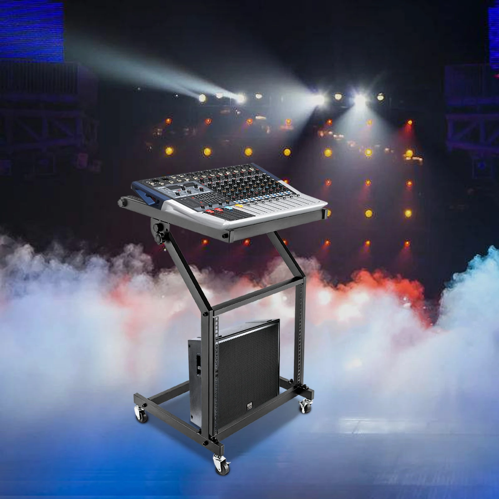 

9U Professional DJ Stand 2-Layer Storage Adjustable Lockable with 4 Wheels Audio Mixer Stand Rack for Offices, Music Studios