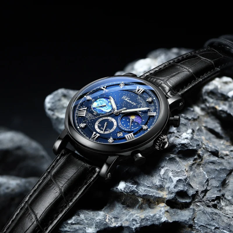 CHENghts-Montre à Quartz Élégante pour Homme, Chronographe Shoous Phase de Lune, Calendrier, Bracelet en Cuir, Étanche, Mode, 972