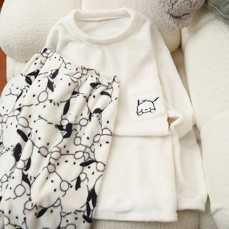 

Hello Kitty Kuromi Anime Kawaii Sanrio Coral Velvet Hooded Pants Pajama Cute Pochacco Winter Thickened Homewear Cloth Set Gifts