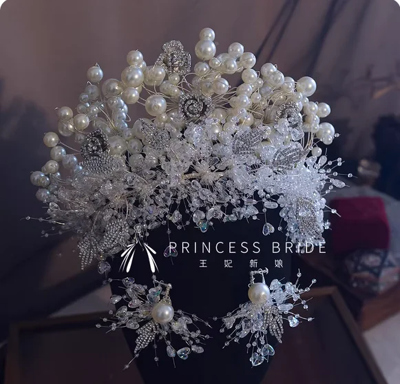 Princess Japan and South Korea wedding handmade beaded crystal crown combination crown hair accessories bride main wedding princ