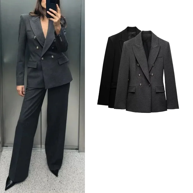 

New Autumn Winter Women's Commute Sle Long Sve Pad oulder Double Buttoned Suit Jaet Faionable Slim Fit Busin Wear