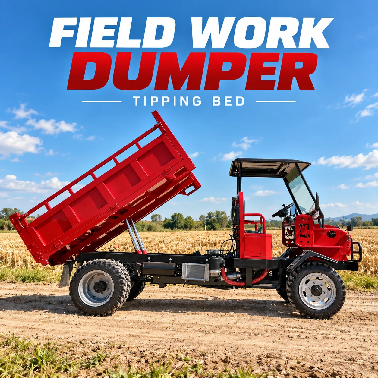 Red Agricultural Dumper with Open Steering Cab and Hydraulic Cargo Bed for Field Supplies