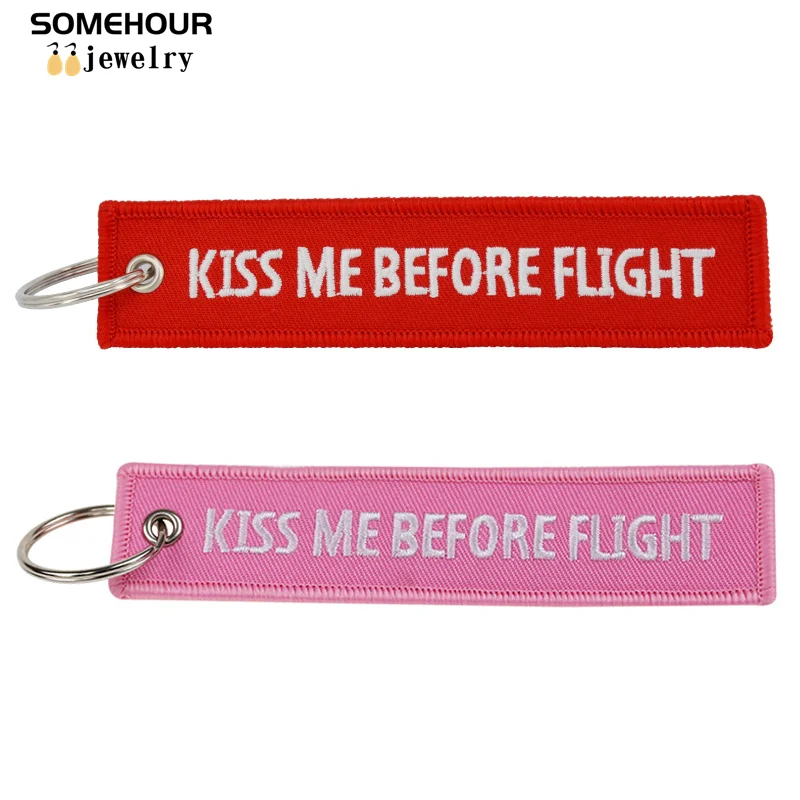 SOMEHOUR Kiss Me Before Flight KeyChain Label Embroidery Keyring Pink Red Luggage Tag Aviation Gifts For Car Bags Motorcycle