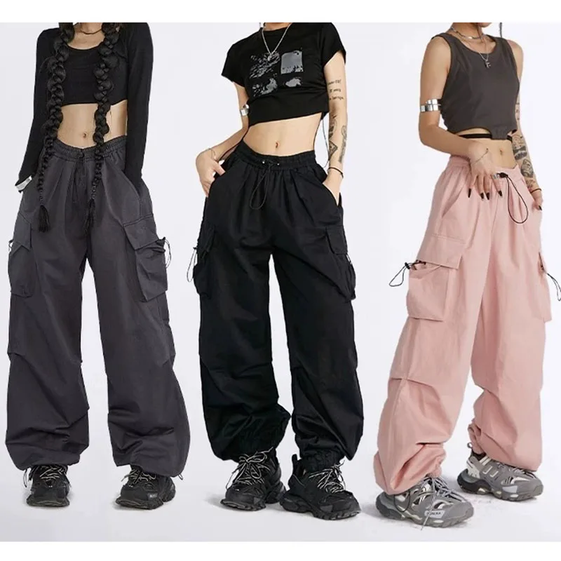 Women Elastic Drawstring High Waist Cargo Pants Multi Pocket Loose Wide Leg Jogger Trousers Solid Color Casual Streetwear Pants