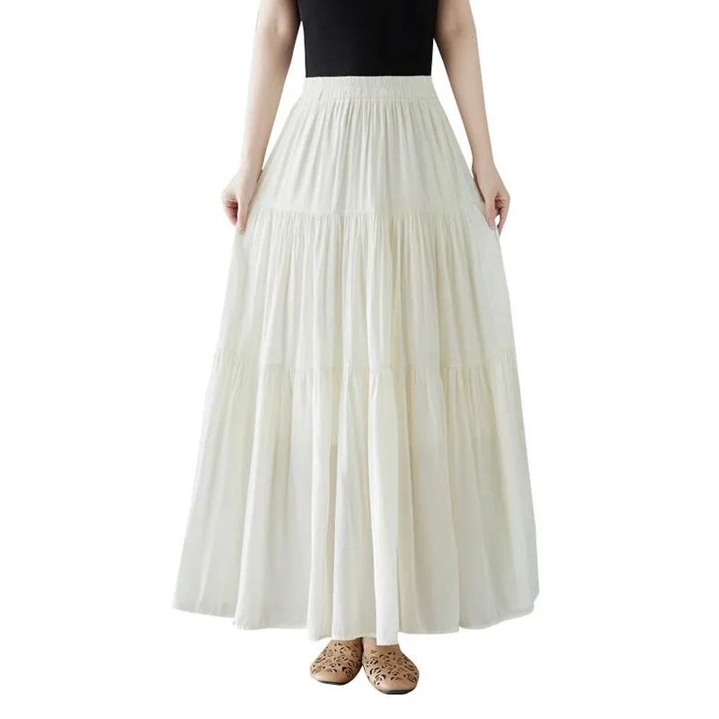 2024 Spring Summer New Korea Fashion Women Elastic Waist A-line Long Skirt All-matched Casual Solid Holiday Pleated Skirt P665