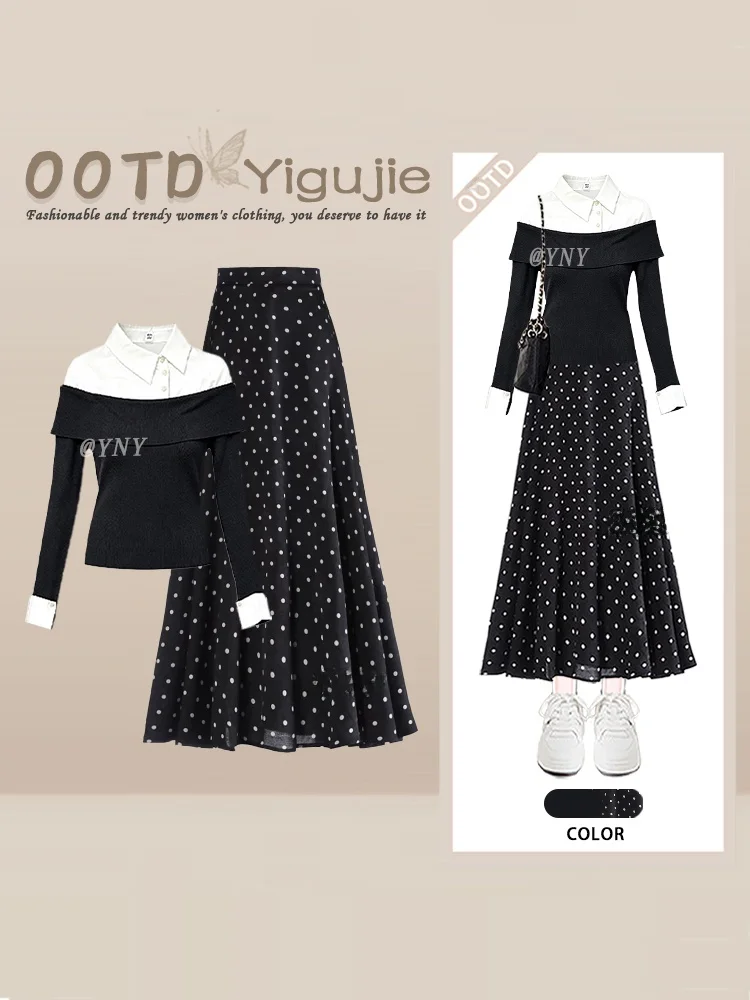 Ladies Style Korean Version Polka Dot Blouse And Skirt Set Slimming Half Body Pattern Two Piece Suit for Women Autumn Fashion