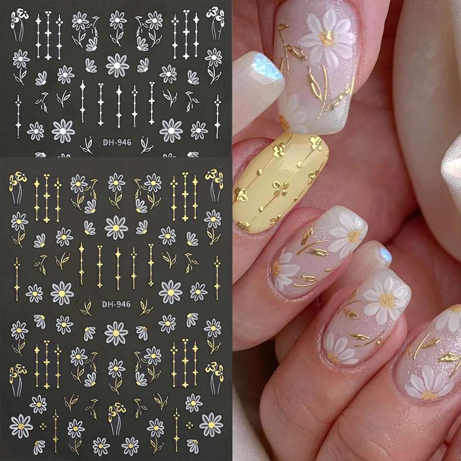 

2pcs Daisy Flowers Nail Art Stickers Gold Silver White Bloom Florals Designs Nail Decals Nail Art Stickers Decorations Manicure