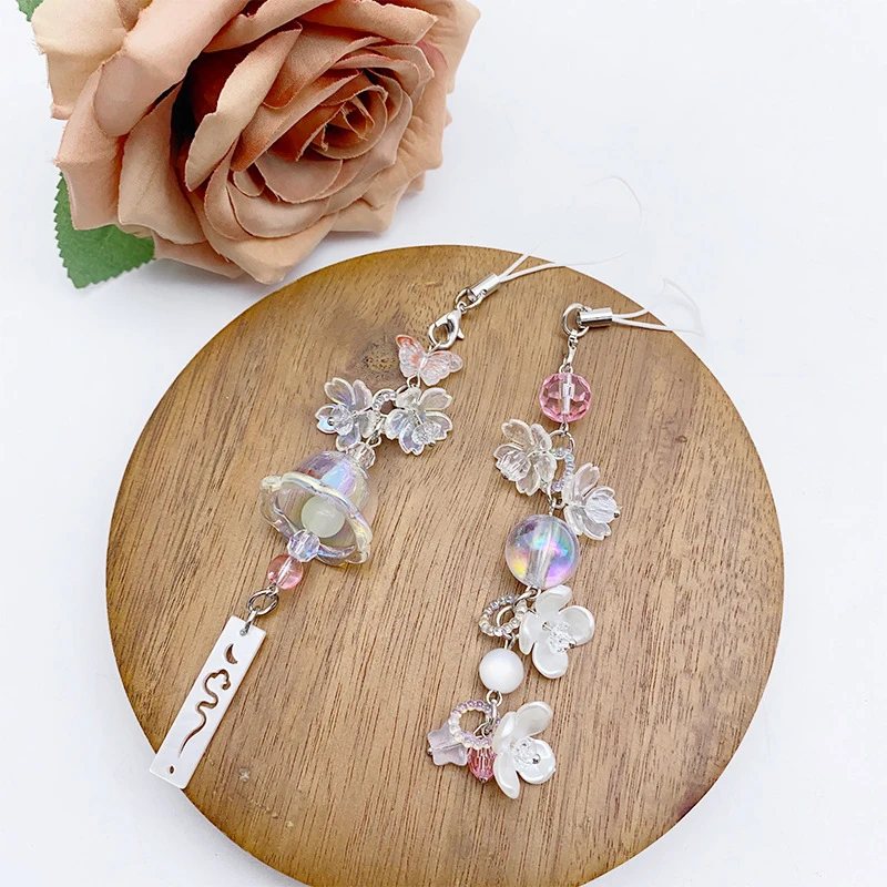 Y2K Fashion Sweet Flower Beaded Wind Chime Pendant Cute Phone Charm Strap Keychain Woman Bag Charm Decoration Gifts