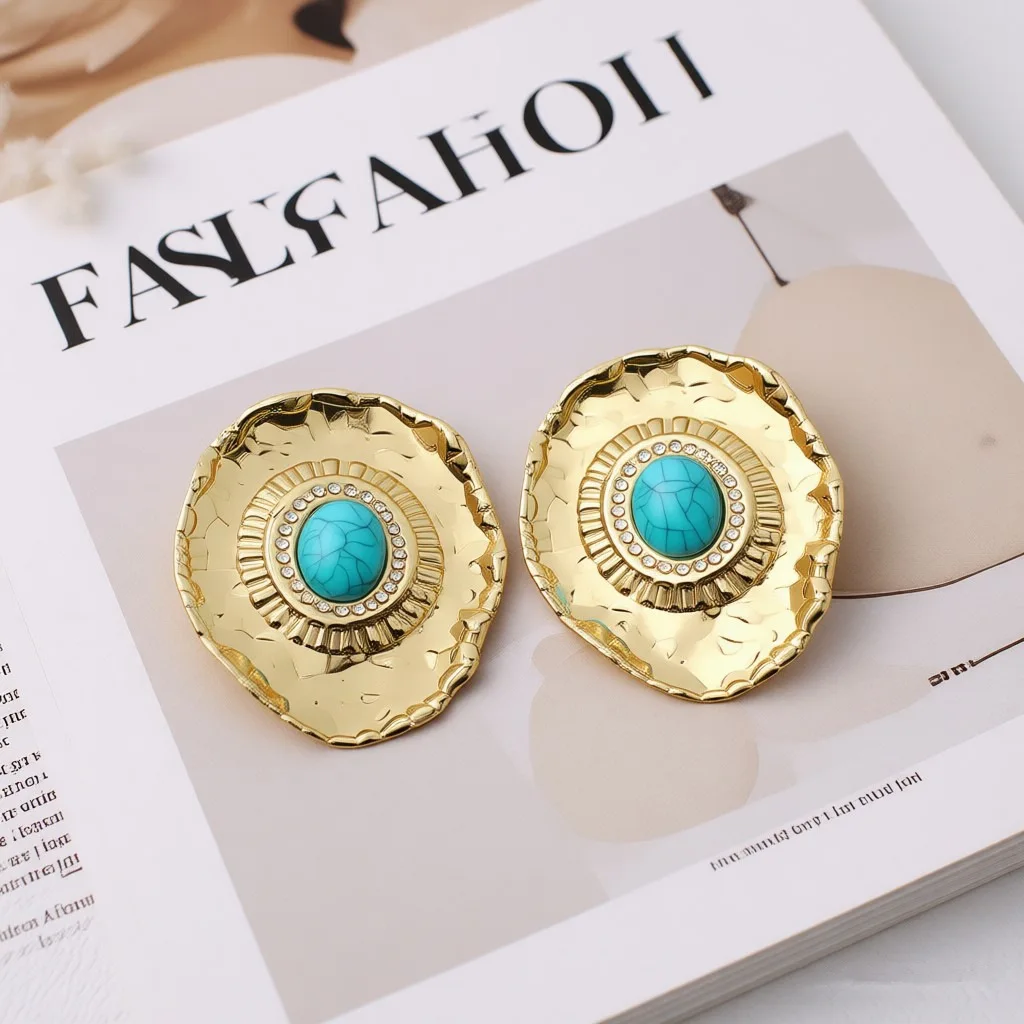 Vintage Pleated Pattern Irregular Geometric Resin Blue Turquoise Gemstone Earrings European American Style Jewelry