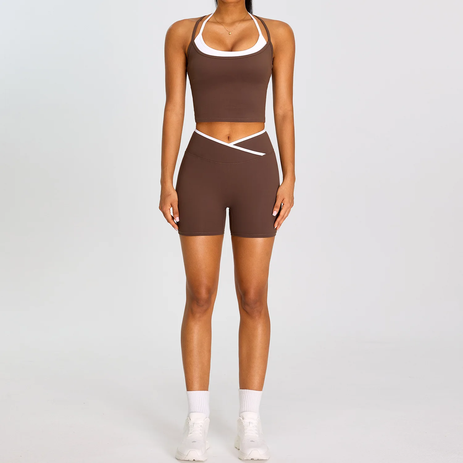 Gym Tracksuit Running Fitness Clothing Women 2 Piece Yoga Set Cross Back Top Padded High Waist V Cross Shorts Solid Workout Suit
