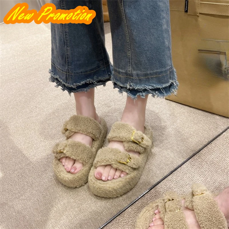 Wool slippers for women's double large size popular indoor warmth and fashion lamb wool cotton slippers women shoes