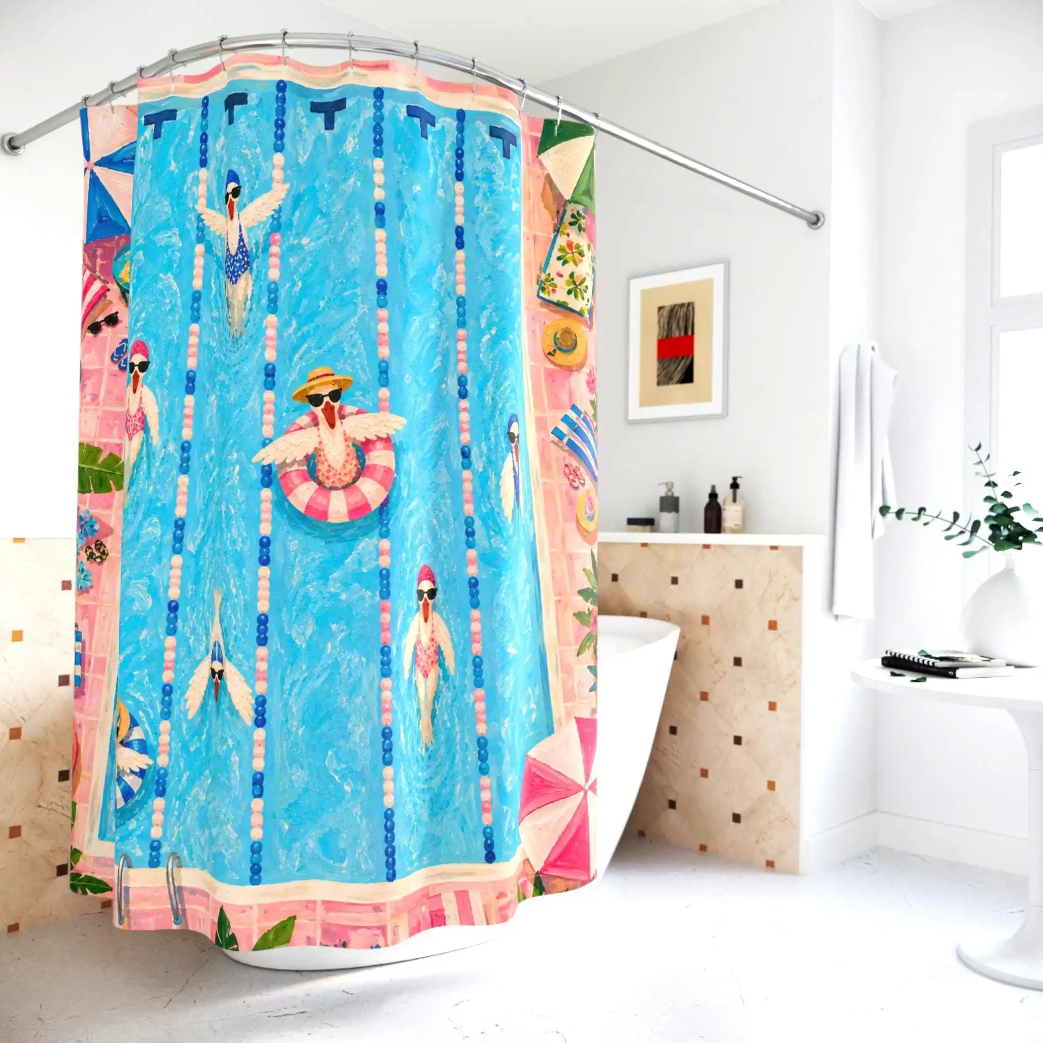 Fun Beach Day Tropical Summer Shower Curtain Bright Blue Ocean Pool Vibes Bathroom Decor