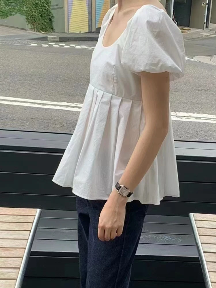 

Women's Bubble Sve irt Pleated Design Slimming A-Line Sle Korean Faion round Ne ort Sve Pure Color Commute Wear