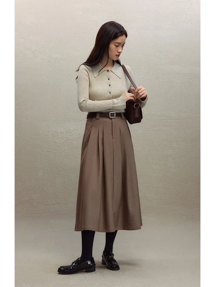 ZIQIAO Office Lady Winter New Thicken A-LINE Skirts Belt Decoration Pleated Design Female Brown Twill Mid-Length Solid Skirts