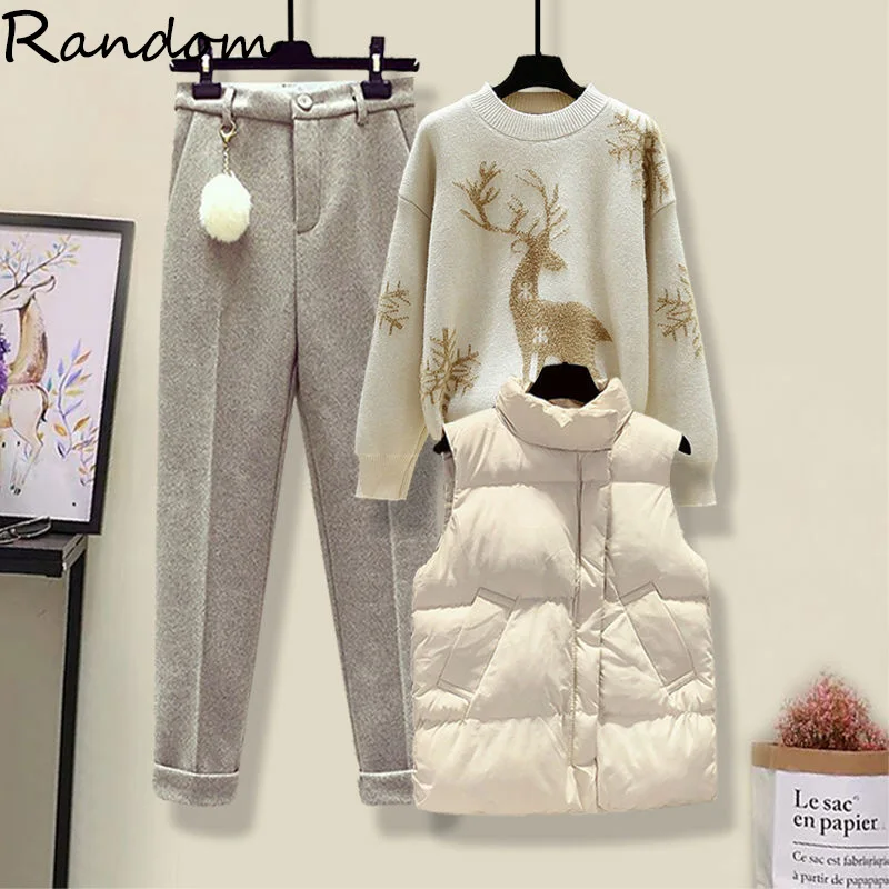 

2022 Winter Women Warm Tracketsuit Female Casual Suit Vest Coat +knitted Sweater Top And Wool Pants Three Pieces Set Snow wear