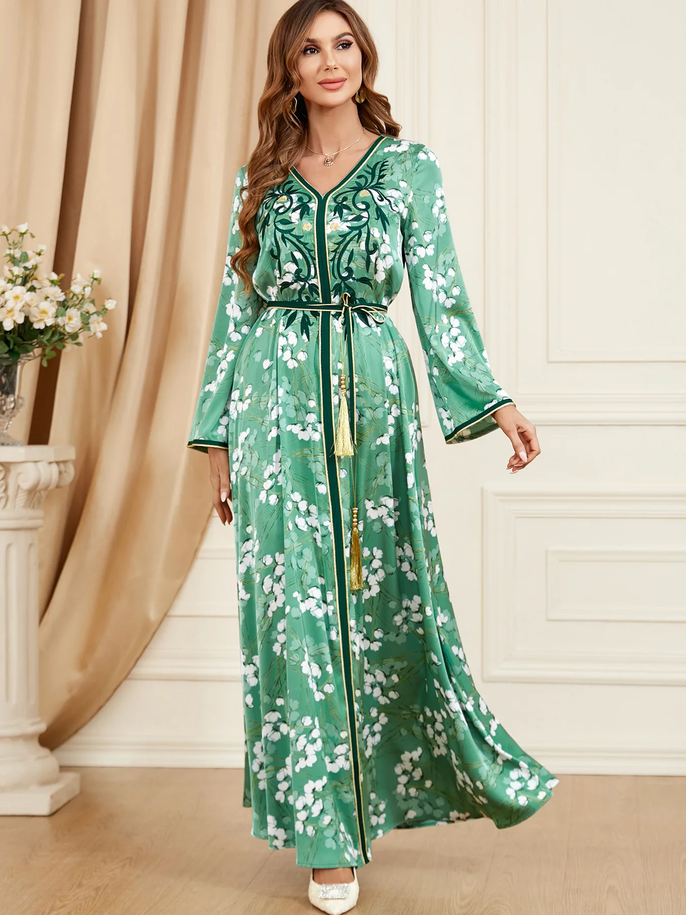 Autumn Muslim Jalabiya Dress for Women Print Abaya Ramadan Party Long Dresses Abayas Woman Lace-up Kimono Robe Caftan Vestidos