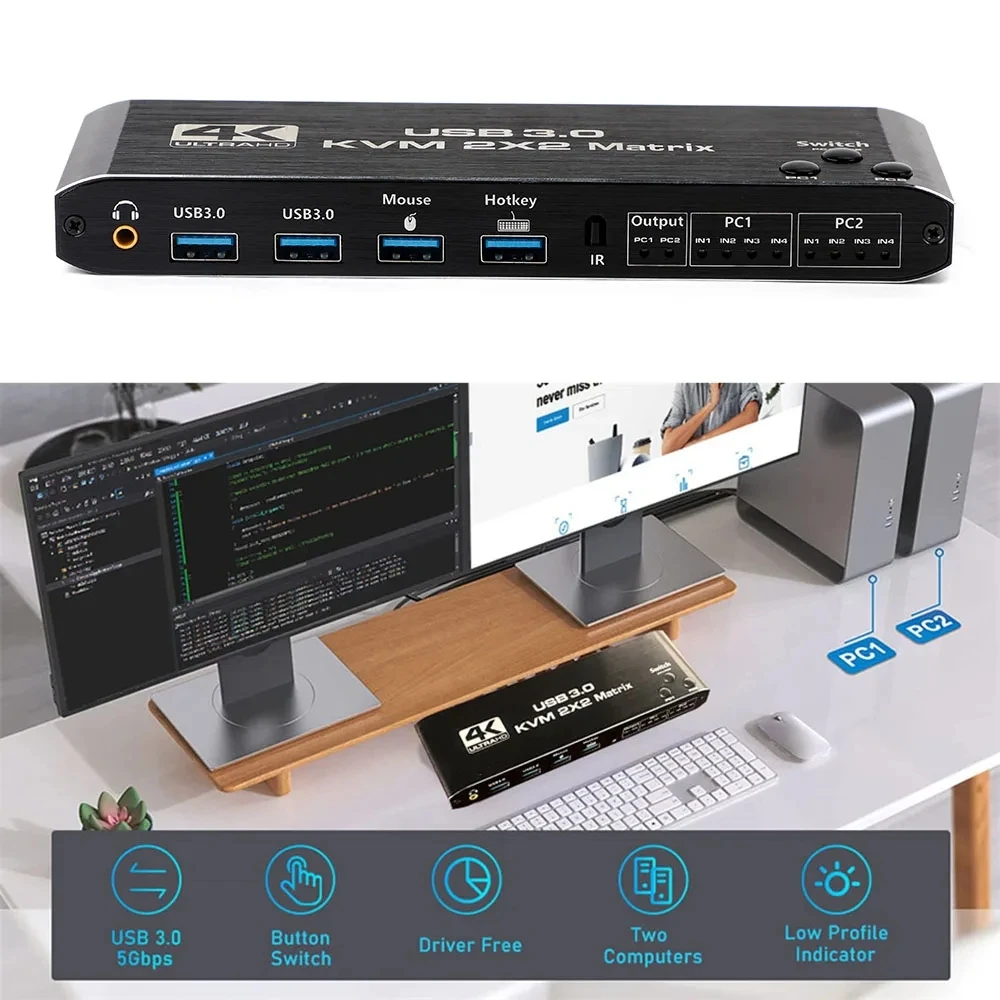 Dual Monitor HDMI KVM Matrix 2x2 USB3.0 HDMI KVM Switch 2 in 2 out 4K 60Hz 2x2 Mixed Display 2 Monitors 2 Computer for PC laptop