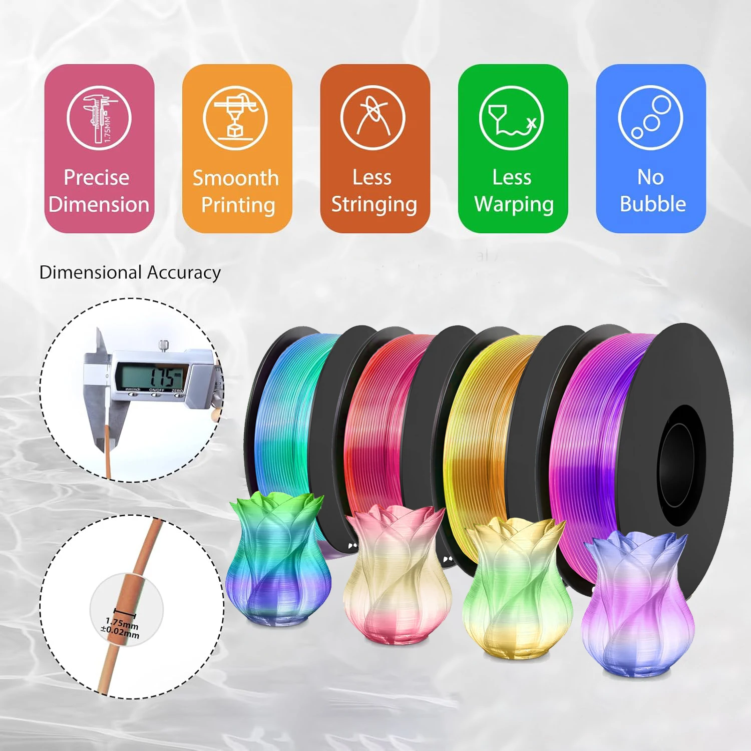 Transparent Gradient PLA Filament Bundle Multi-Color, Neatly Wound Gradient Multi-Color PLA 3D Printer Filament 1.75mm ±0.02mm