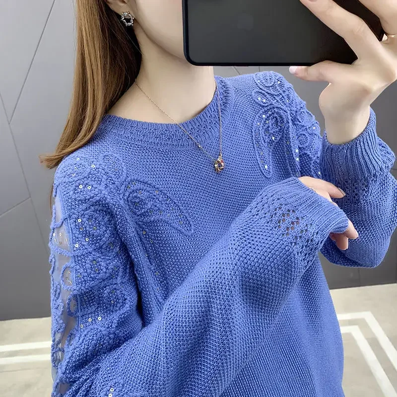 

Women's Clothing Hollow Out Knitted Sweaters Stylish Lace Gauze Spliced Winter Long Sleeve Casual O-Neck Loose Jumpers E129