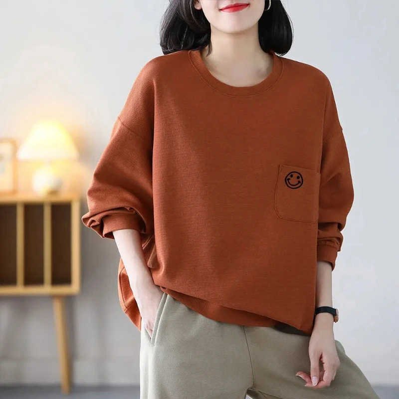 Women's Clothing Spring Autumn Round Neck Solid Color Pocket Lantern Long Sleeve Geometric Hoodies Casual Elegant Loose Tops