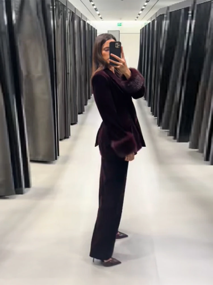 

Female Plush Trim Deep V Neck Blozer Trendy Elegant Straight Pants All Season Slim Fit Casual Shoulder Pad Formal Office Outfits