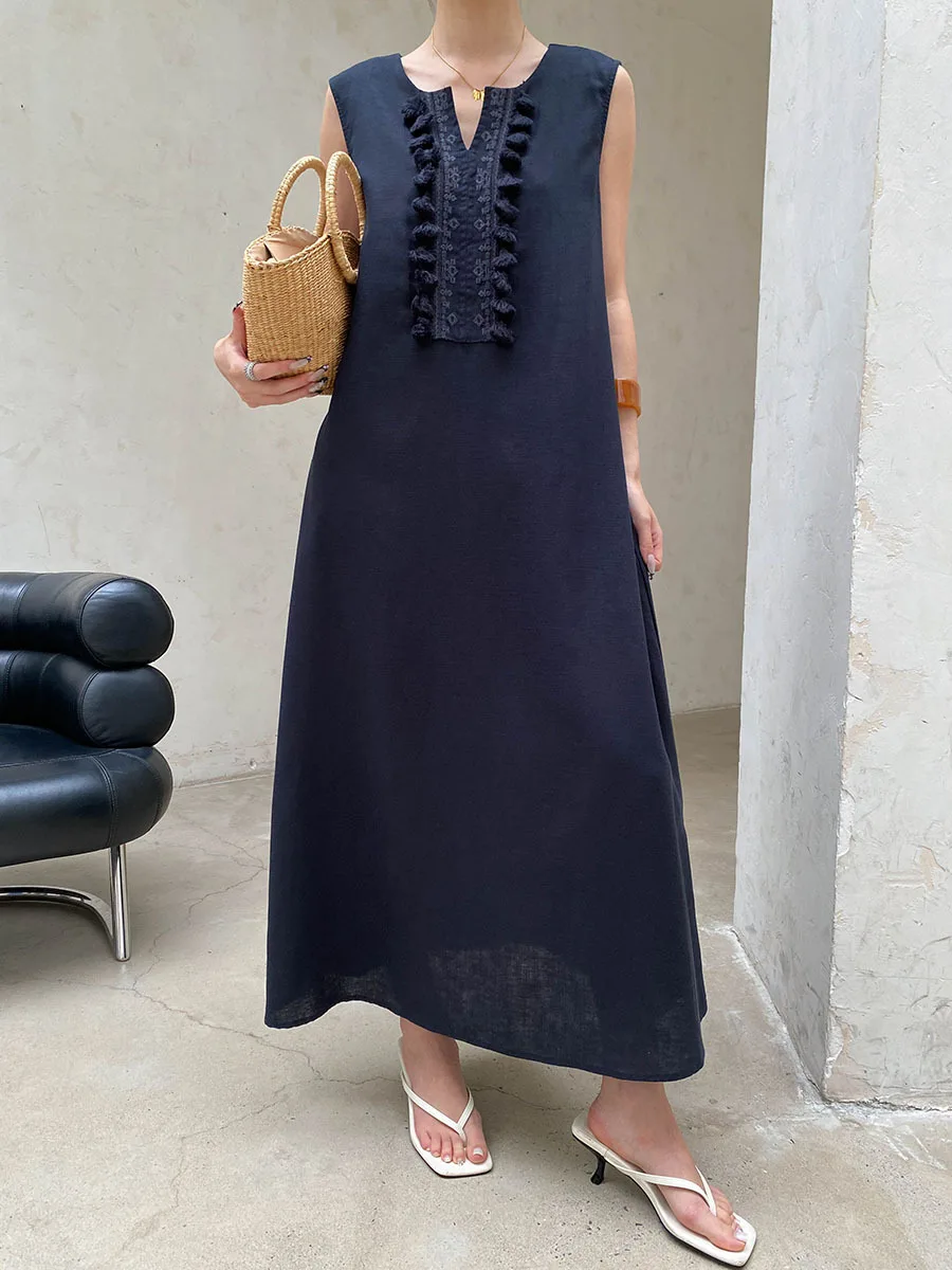 Sommerliches, lässiges, einfarbiges, ärmelloses Westenkleid für Damen mit V-Ausschnitt, Stickerei und Quasten – Detail 15