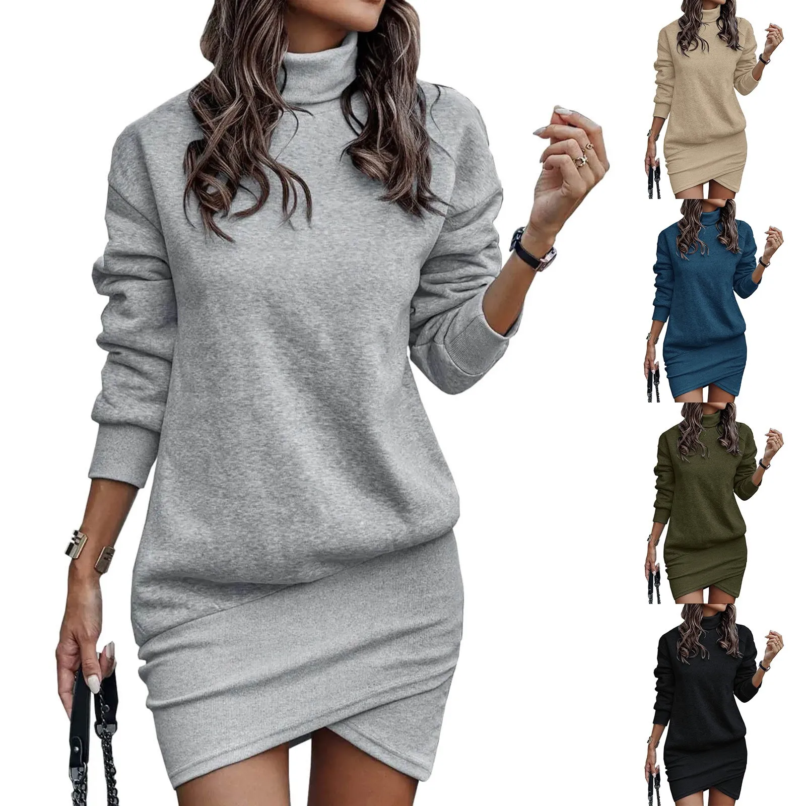 Elegant Party Dress Woman Evening Vintage Plus Size Sexy Wrap Hem Bodycon Dress Winter Trend 2024 Knitted Short Turtleneck Dress