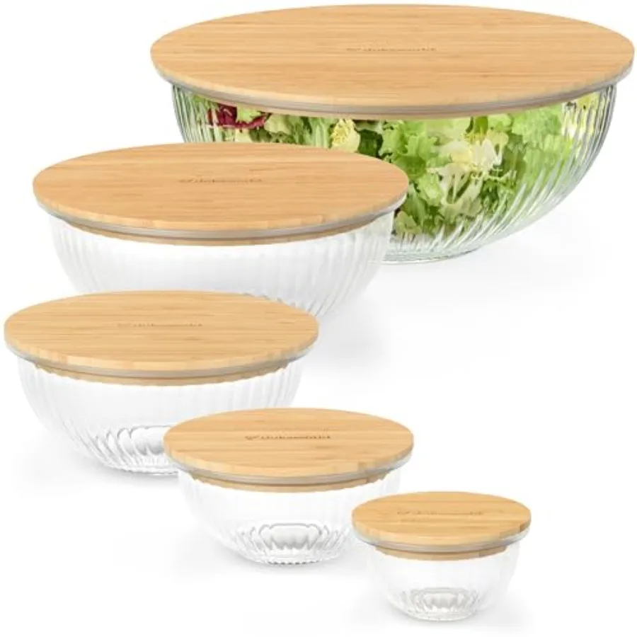 Stackable Space-Saving Set of 5 Nesting Borosilicate Glass Bowls with Bamboo Lids for Food Prep, Storage, Baking, Mixing Cookin