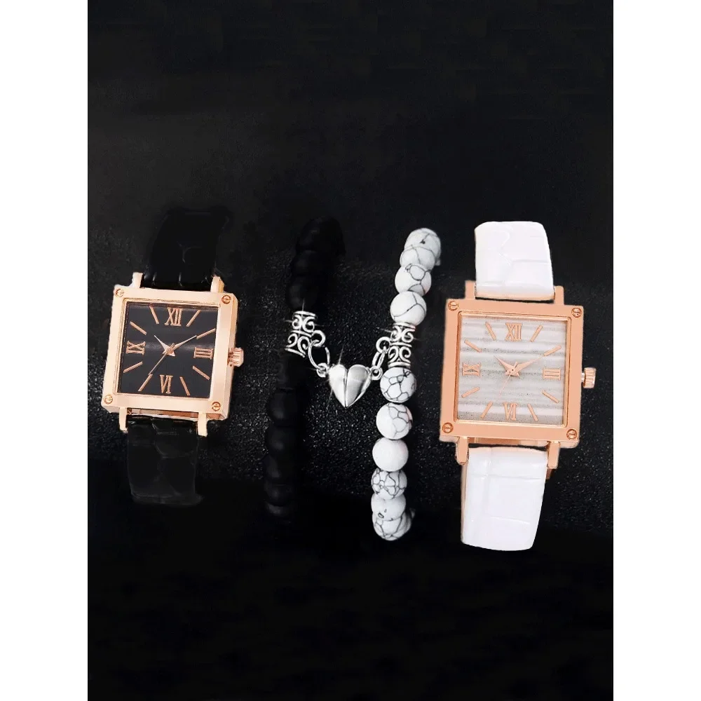 

4-piece set of fashionable and simple women's square belt quartz watch retro high-end Roman watch set