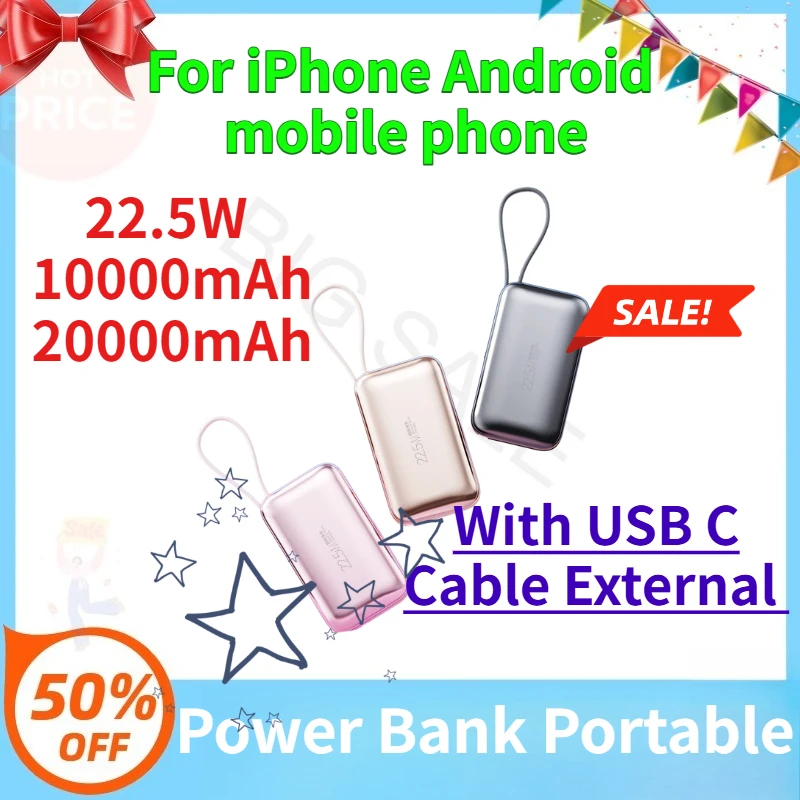 

22.5W 10000mah/20000mah Power Bank Portable in With USB C Cable External Spare Battery Pack for iPhone Android mobile phone