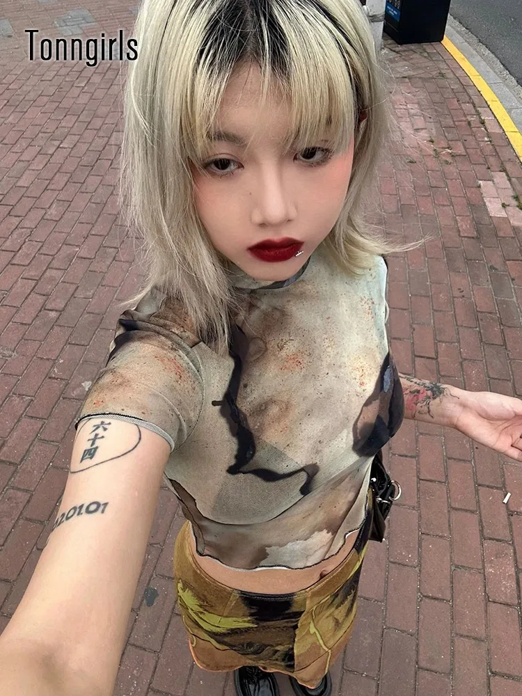 

Tonngirls Vintage T Shirt Women Tie Dye Short Sleeve Y2k Mesh Tops Japanese 2000s Vintage T Shirt Summer Crop Tops Streetwear